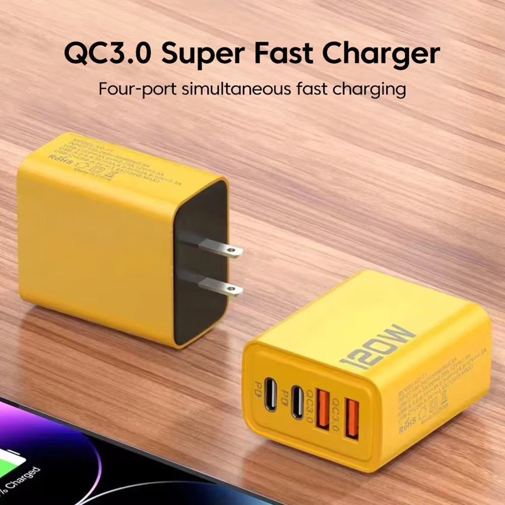 4ポート充電器, 2ポート USB-C PD急速充電 3.0, 2ポート USB-A QC急速充電 充電アダプタ USイエロー