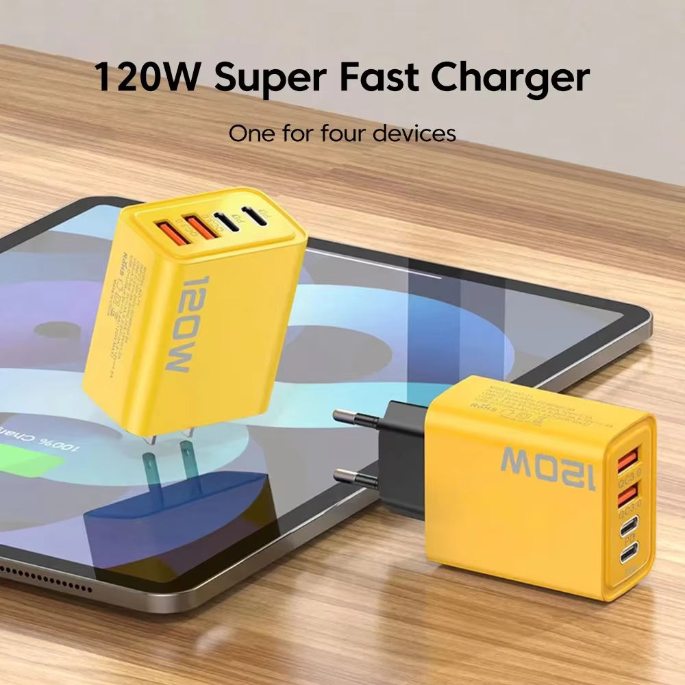 4ポート充電器, 2ポート USB-C PD急速充電 3.0, 2ポート USB-A QC急速充電 充電アダプタ USイエロー