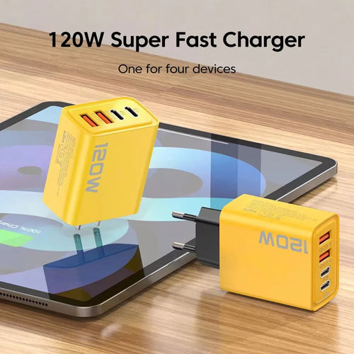 4ポート充電器, 2ポート USB-C PD急速充電 3.0, 2ポート USB-A QC急速充電 充電アダプタ USイエロー