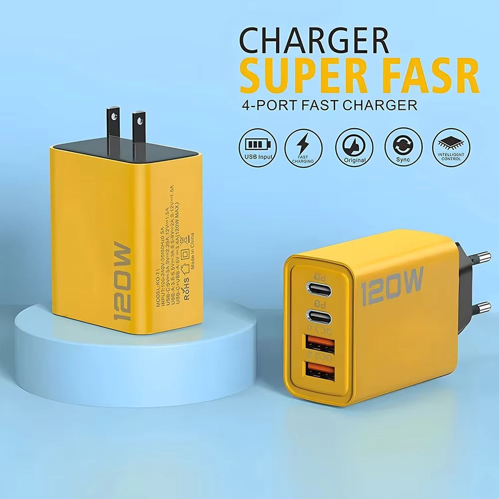 4ポート充電器, 2ポート USB-C PD急速充電 3.0, 2ポート USB-A QC急速充電 充電アダプタ USイエロー