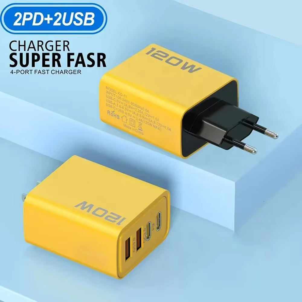 4ポート充電器, 2ポート USB-C PD急速充電 3.0, 2ポート USB-A QC急速充電 充電アダプタ USイエロー